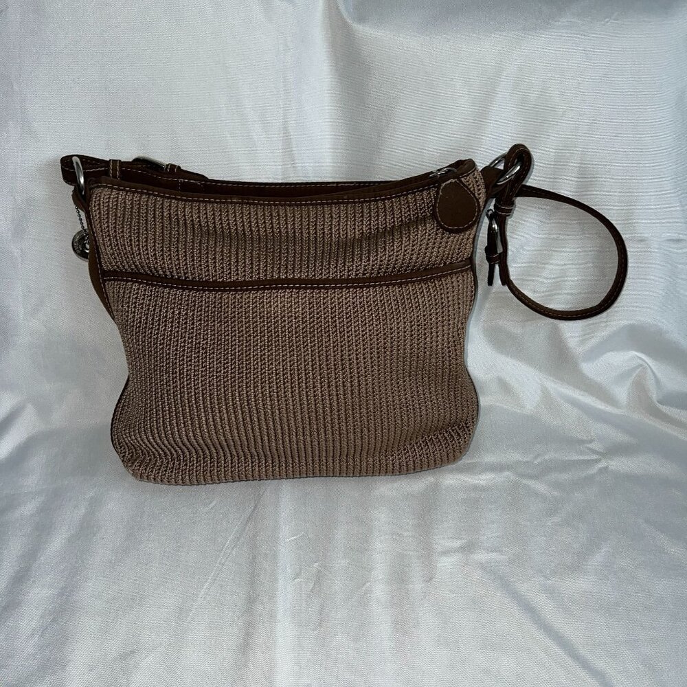 The Sak Taupe Crochet Shoulder Bag With Adjustable Strap & Argyle Lining